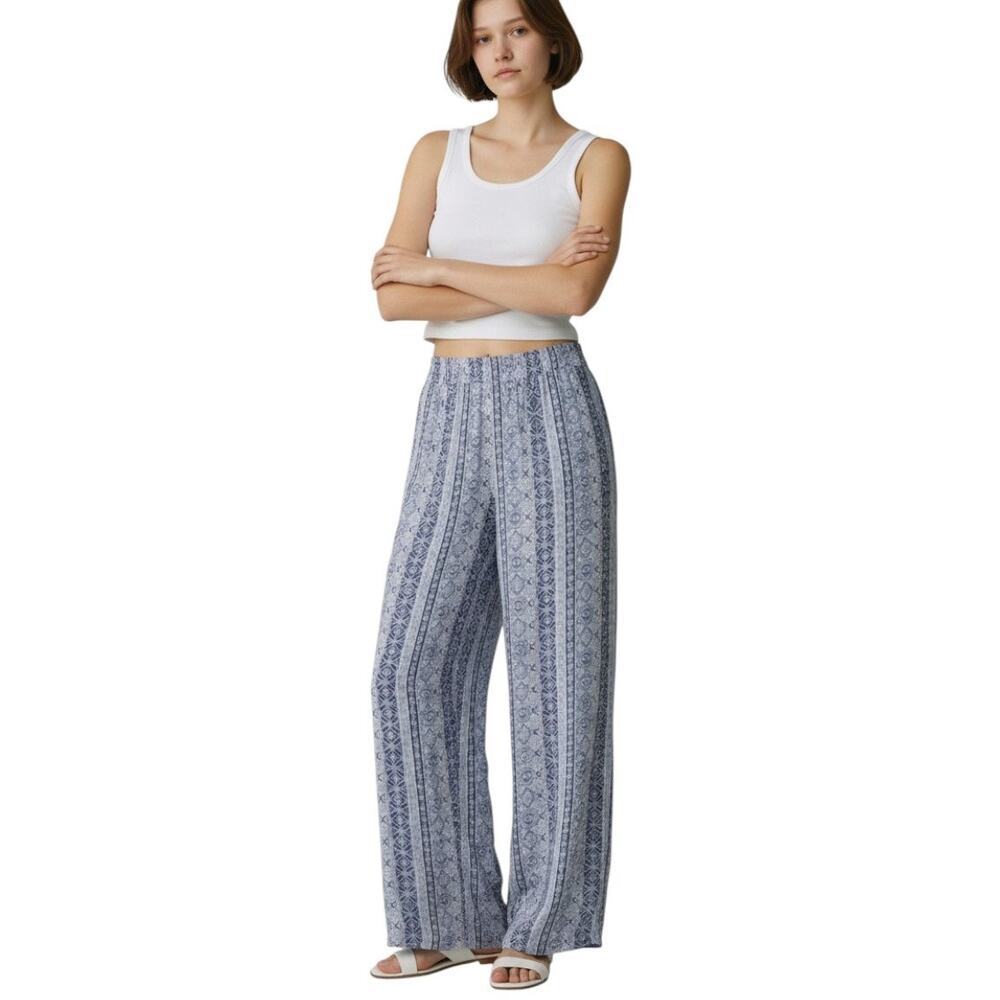 Three Dots Wide Leg Pants, Blue Medallion Print Smocked Waist Womens Size M New